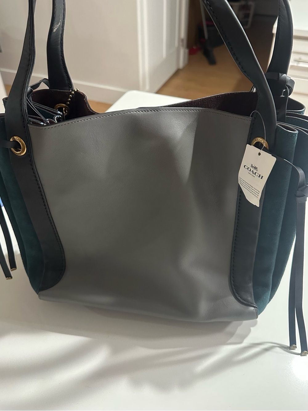 Coach Gray Leather Tote with Dark Green Suede Trim